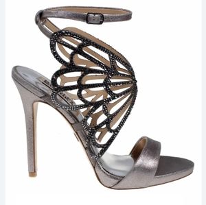NIB Badgley Mischka heels shoes pewter leather laser cut heels 10